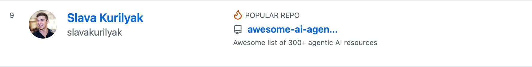 GitHub Trending Developers row showing Slava Kurilyak at position 9 with the popular repository awesome-ai-agents and the description: Awesome list of 300+ agentic AI resources