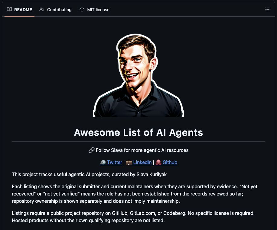 Image attached to the LinkedIn post showing the Awesome List of AI Agents README with an illustrated portrait of Slava Kurilyak, the line Follow Slava for more agentic AI resources, and the note that the project is curated by Slava Kurilyak